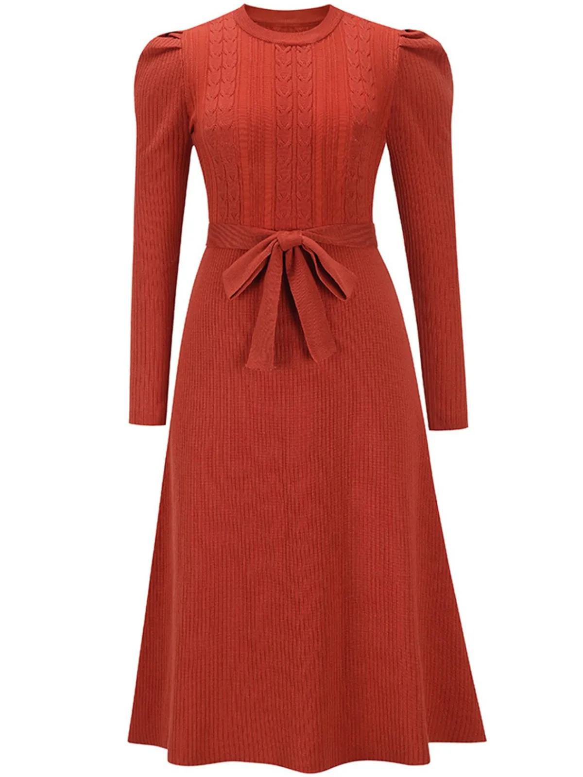 Hot Retro Stage 1940s Solid Knitted Lantern A-line Belt Dress