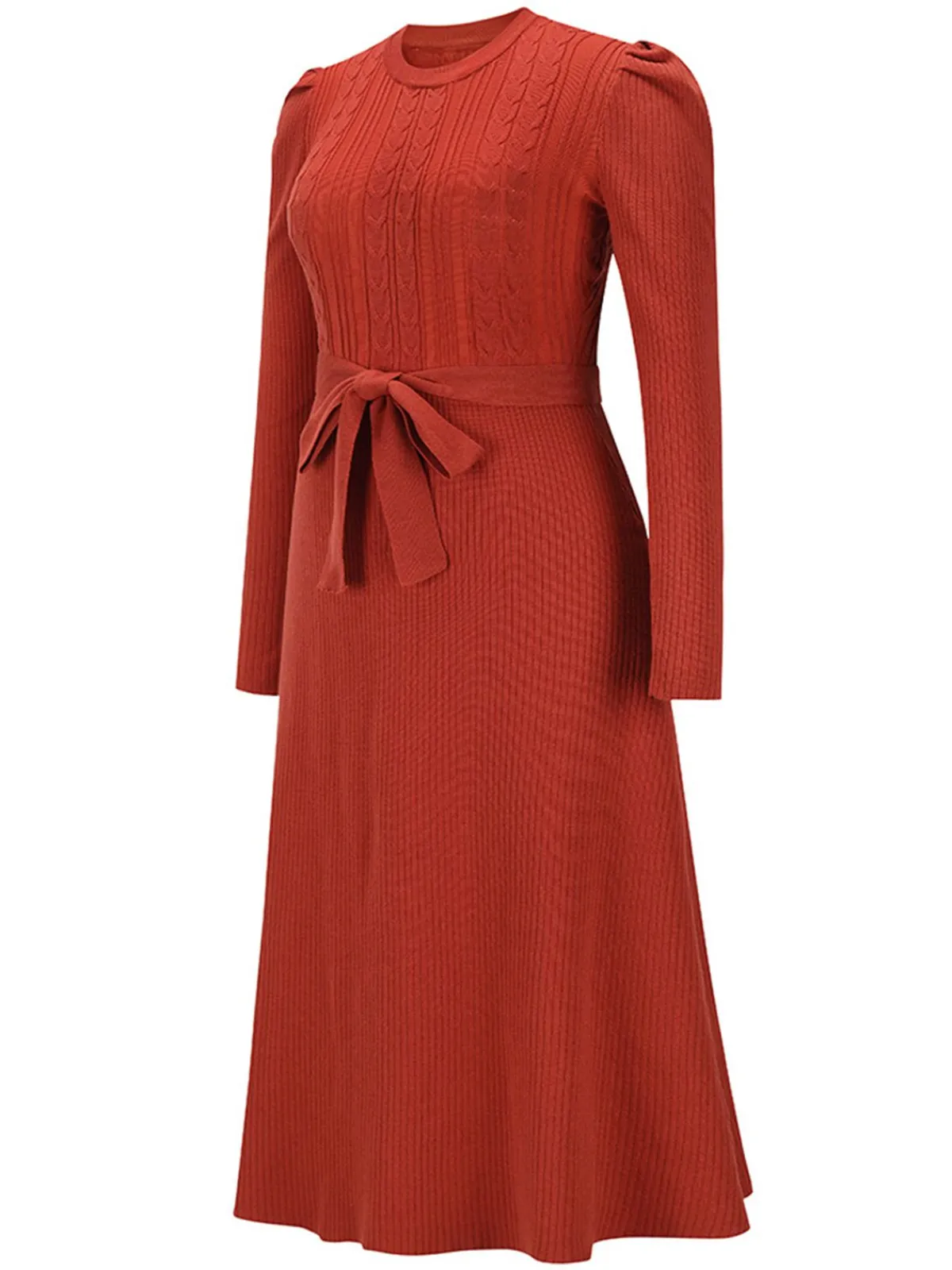 Hot Retro Stage 1940s Solid Knitted Lantern A-line Belt Dress