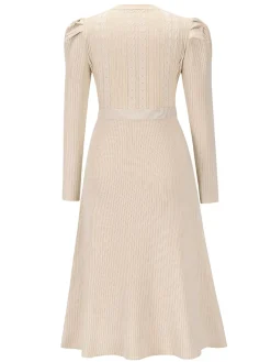 Hot Retro Stage 1940s Solid Knitted Lantern A-line Belt Dress