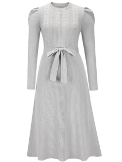 Hot Retro Stage 1940s Solid Knitted Lantern A-line Belt Dress