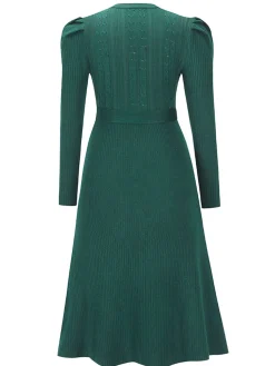 Hot Retro Stage 1940s Solid Knitted Lantern A-line Belt Dress