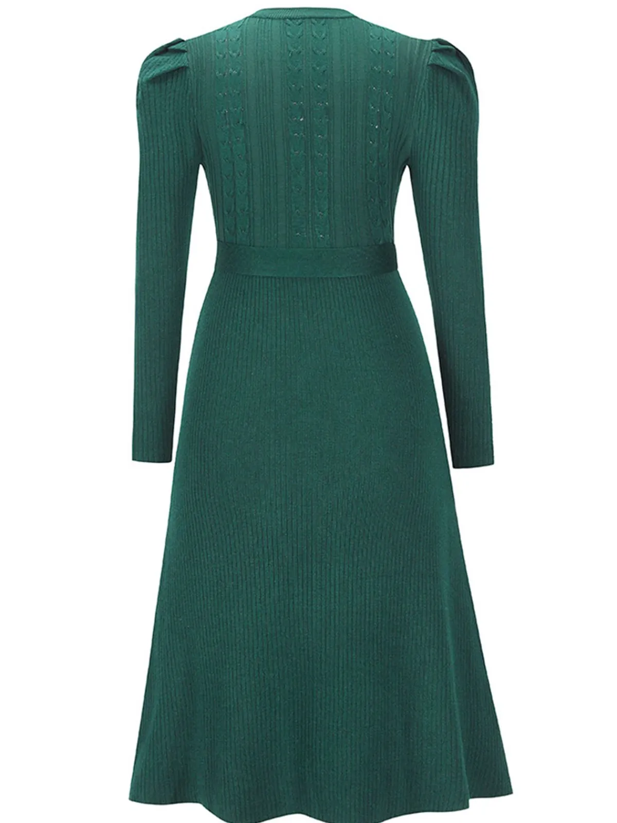 Hot Retro Stage 1940s Solid Knitted Lantern A-line Belt Dress