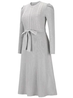 Hot Retro Stage 1940s Solid Knitted Lantern A-line Belt Dress