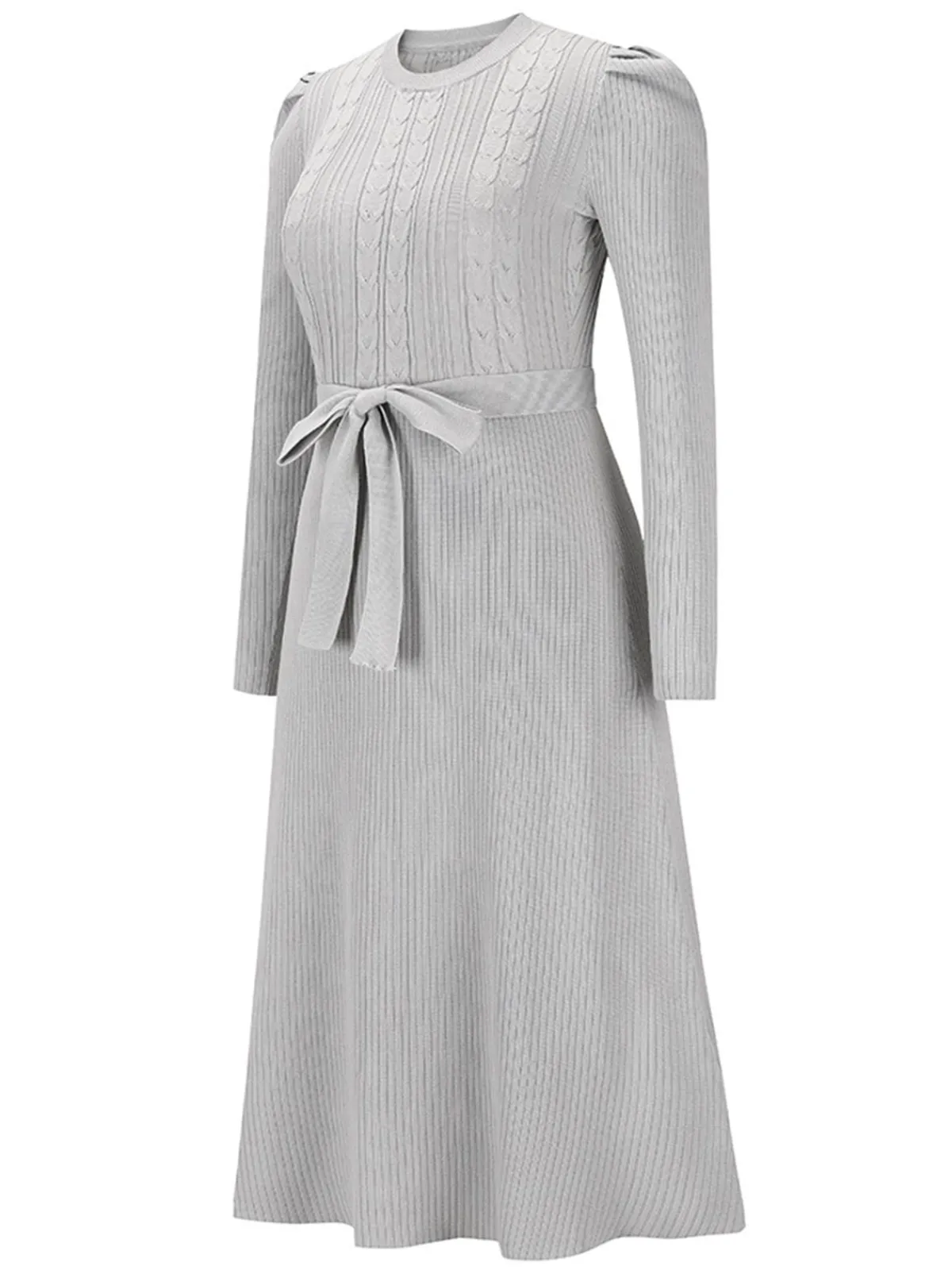 Hot Retro Stage 1940s Solid Knitted Lantern A-line Belt Dress