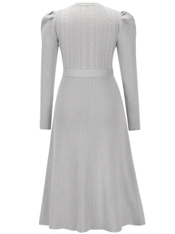Hot Retro Stage 1940s Solid Knitted Lantern A-line Belt Dress