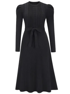 Hot Retro Stage 1940s Solid Knitted Lantern A-line Belt Dress