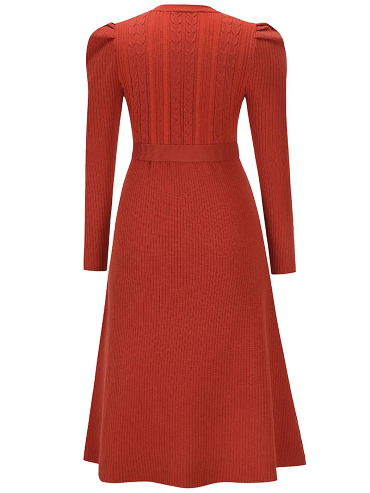 Hot Retro Stage 1940s Solid Knitted Lantern A-line Belt Dress