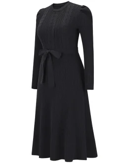 Hot Retro Stage 1940s Solid Knitted Lantern A-line Belt Dress