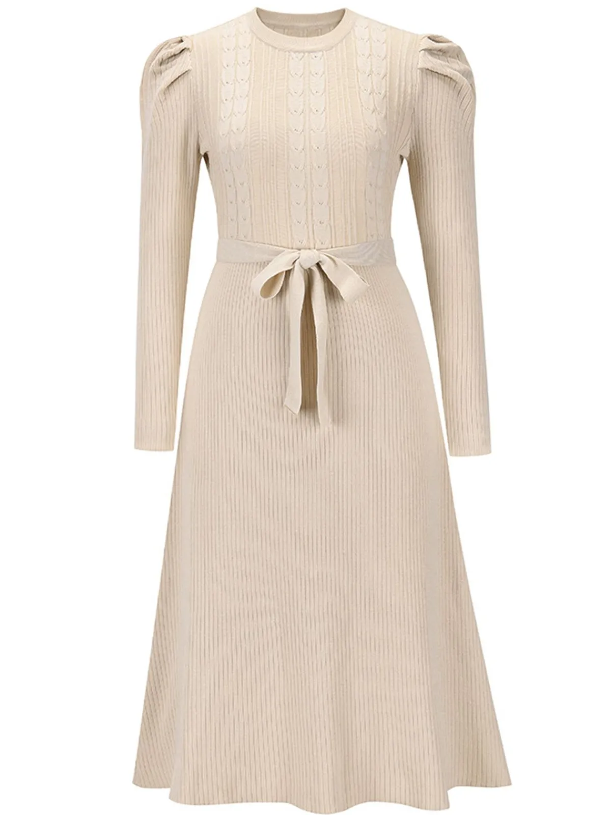 Hot Retro Stage 1940s Solid Knitted Lantern A-line Belt Dress