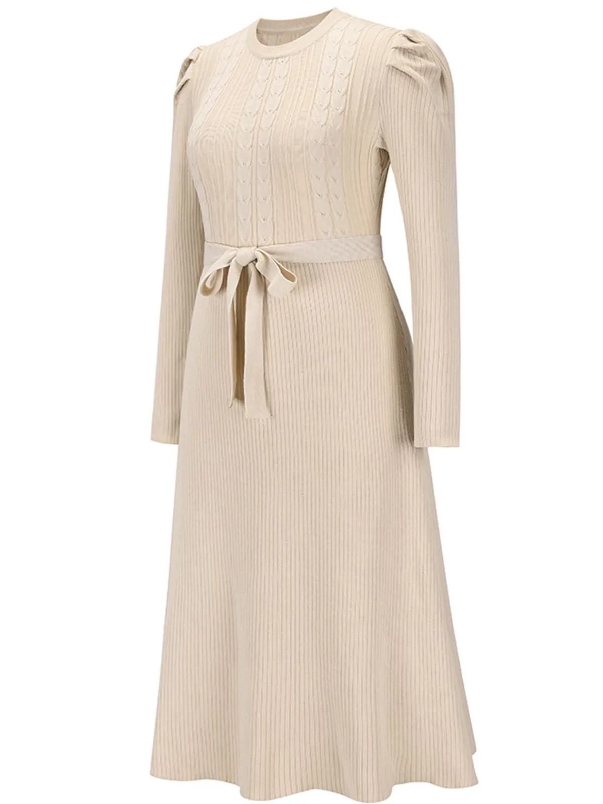 Hot Retro Stage 1940s Solid Knitted Lantern A-line Belt Dress