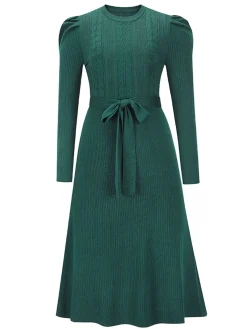 Hot Retro Stage 1940s Solid Knitted Lantern A-line Belt Dress