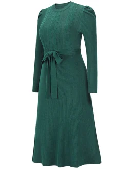 Hot Retro Stage 1940s Solid Knitted Lantern A-line Belt Dress