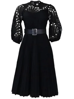 Online Retro Stage 1960s Solid Lace Crochet Pleated Belted Dress