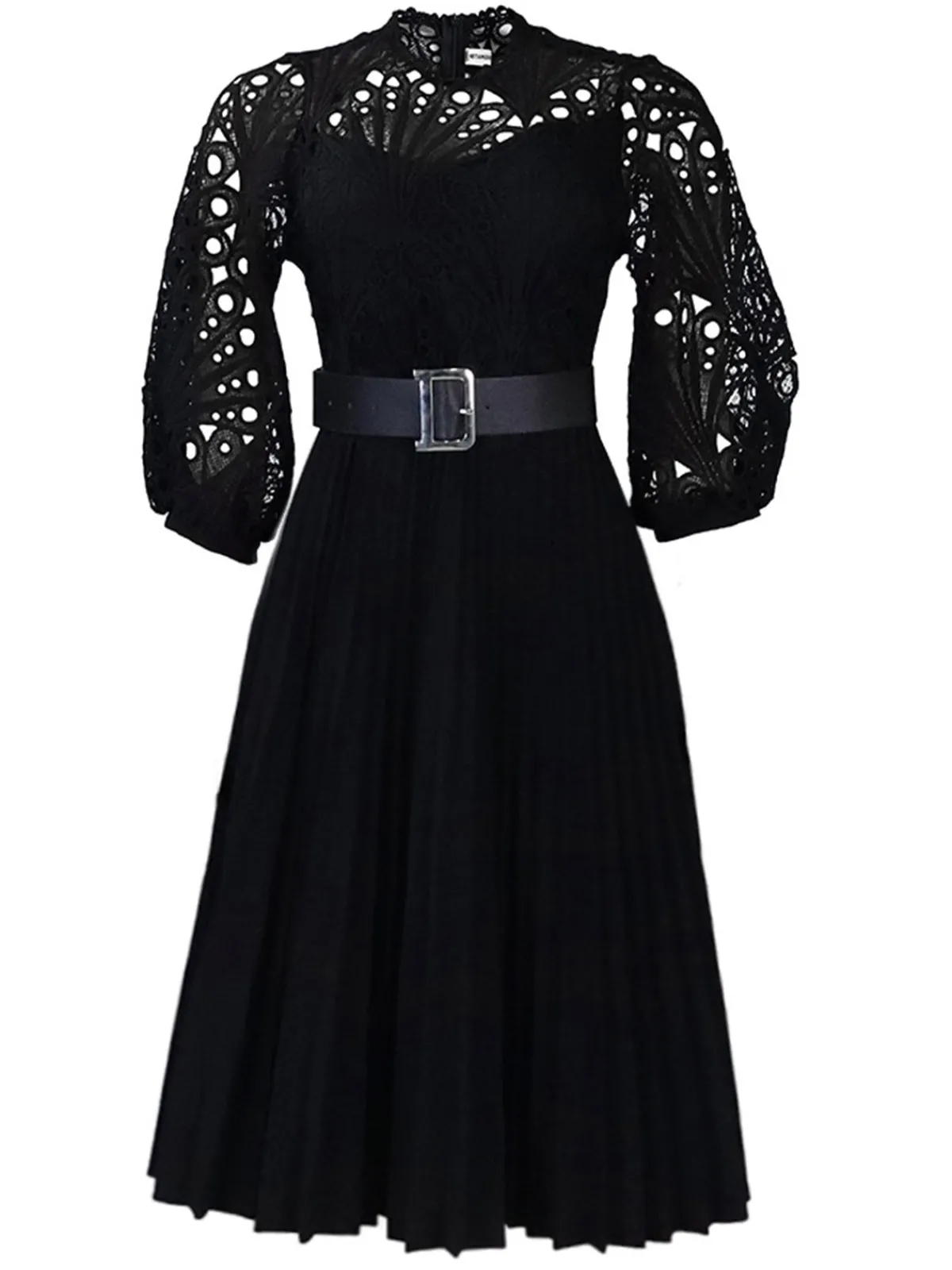 Online Retro Stage 1960s Solid Lace Crochet Pleated Belted Dress