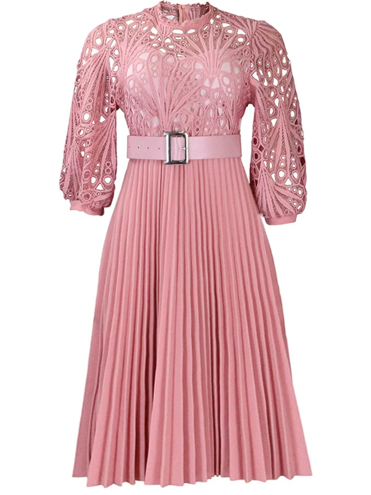 Online Retro Stage 1960s Solid Lace Crochet Pleated Belted Dress