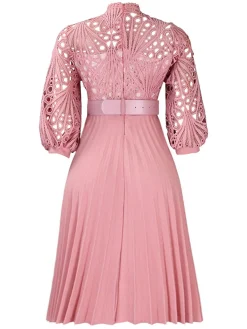 Online Retro Stage 1960s Solid Lace Crochet Pleated Belted Dress