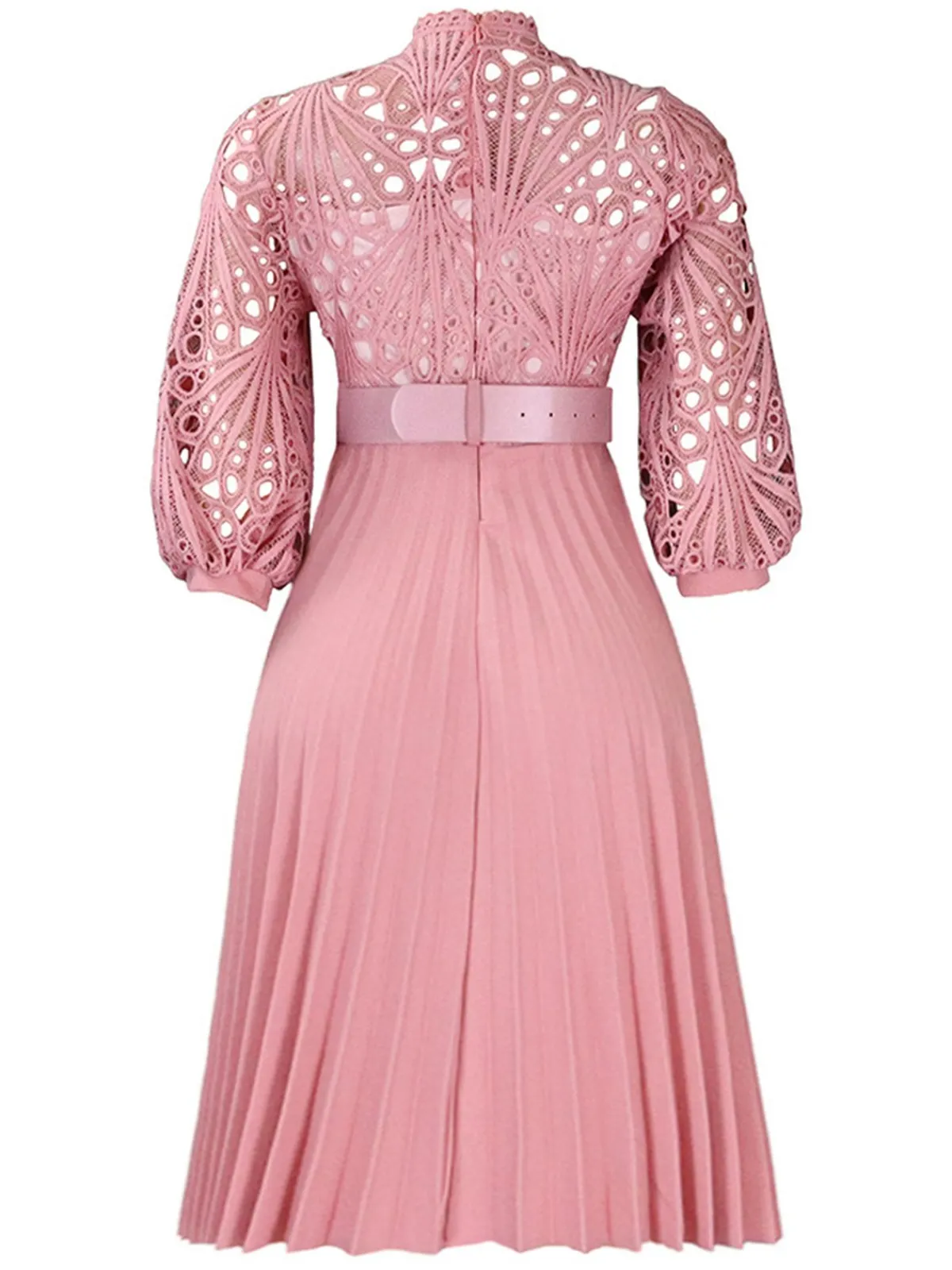 Online Retro Stage 1960s Solid Lace Crochet Pleated Belted Dress
