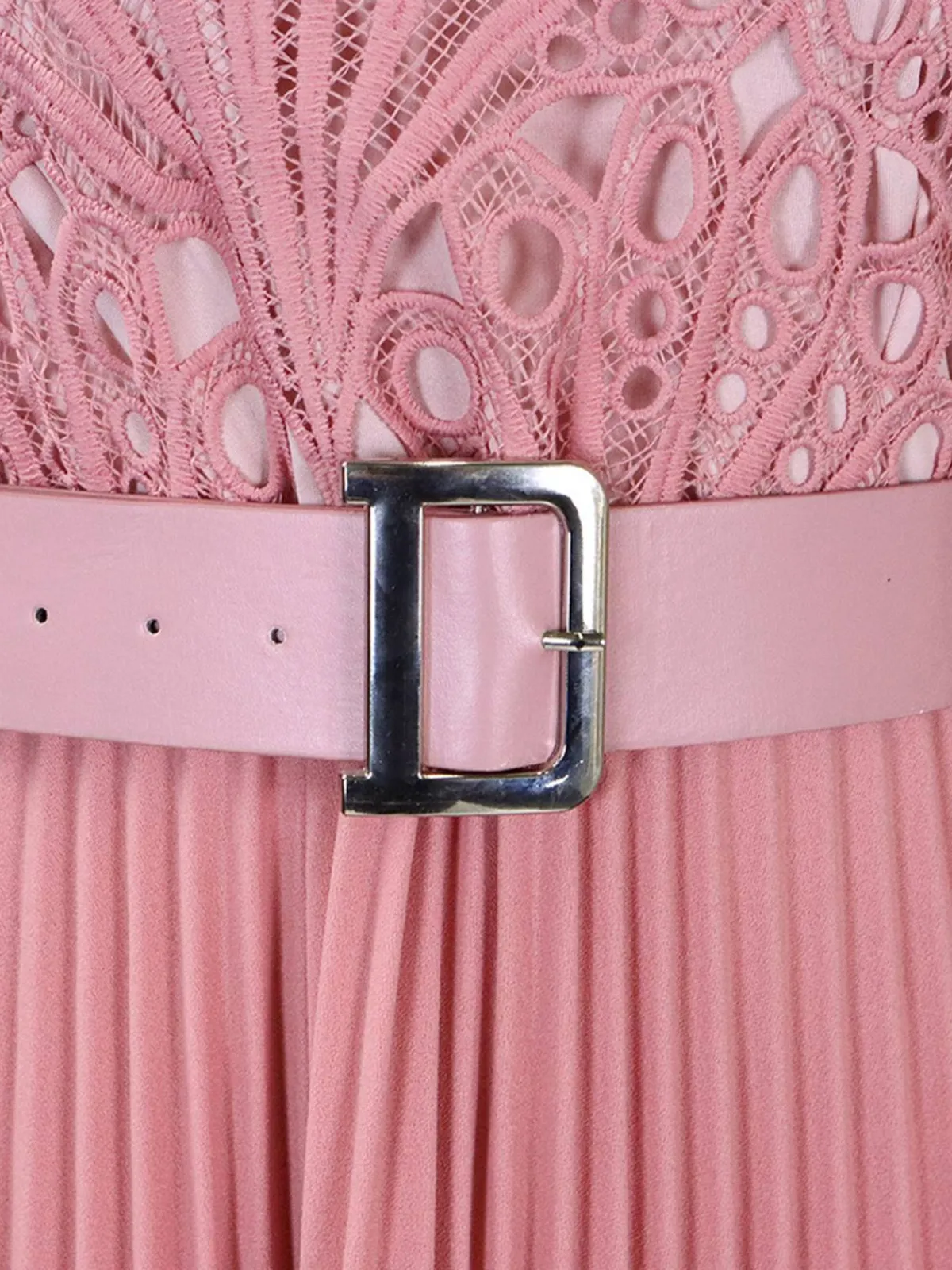 Online Retro Stage 1960s Solid Lace Crochet Pleated Belted Dress
