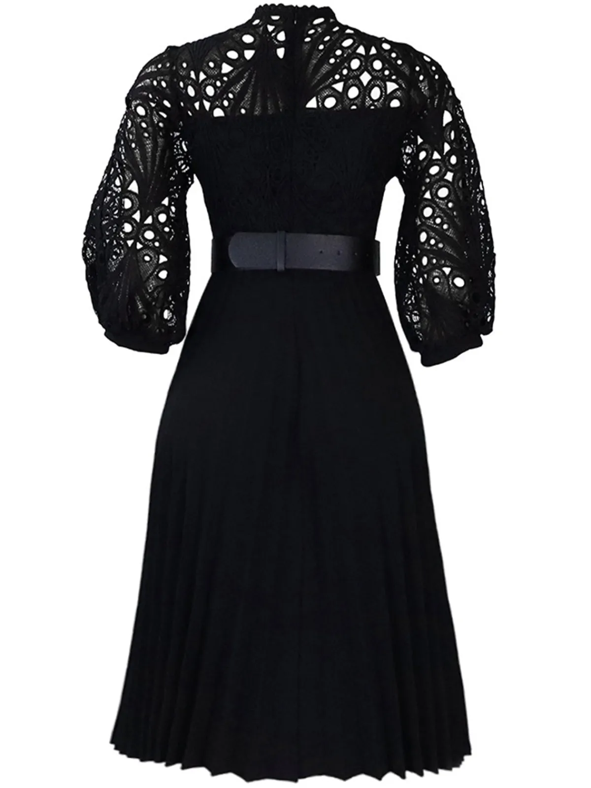 Online Retro Stage 1960s Solid Lace Crochet Pleated Belted Dress