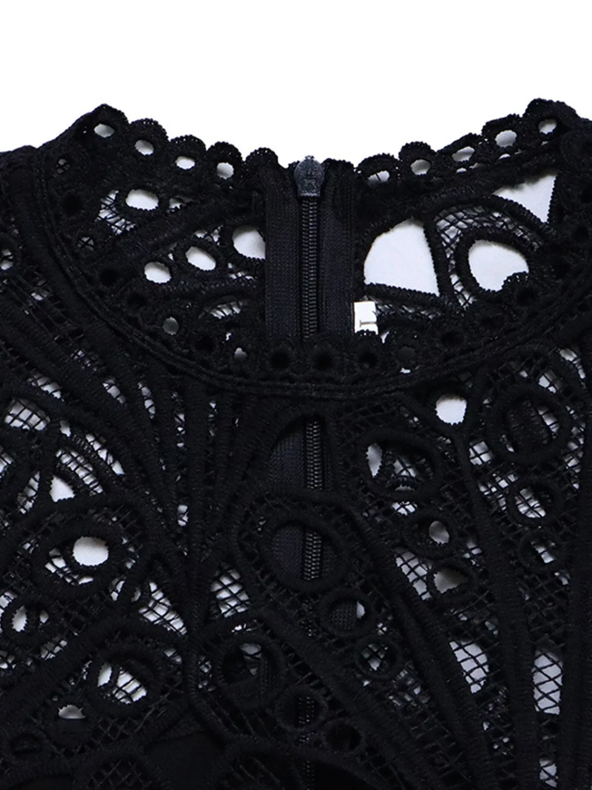 Online Retro Stage 1960s Solid Lace Crochet Pleated Belted Dress