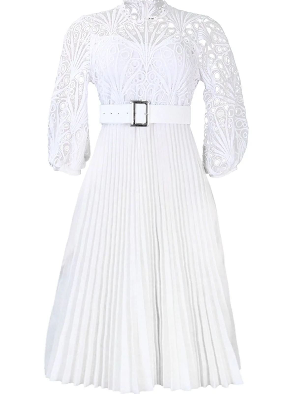 Online Retro Stage 1960s Solid Lace Crochet Pleated Belted Dress