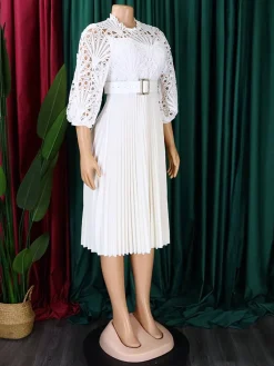 Online Retro Stage 1960s Solid Lace Crochet Pleated Belted Dress