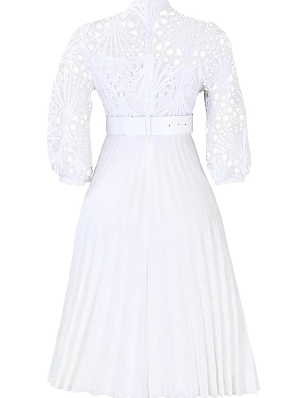 Online Retro Stage 1960s Solid Lace Crochet Pleated Belted Dress