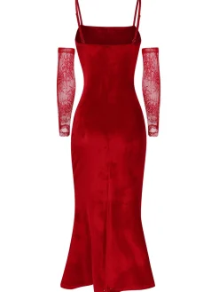 Best Retro Stage 1930s Solid Lace Patchwork Velvet Fishtail Dress