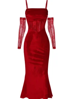 Best Retro Stage 1930s Solid Lace Patchwork Velvet Fishtail Dress