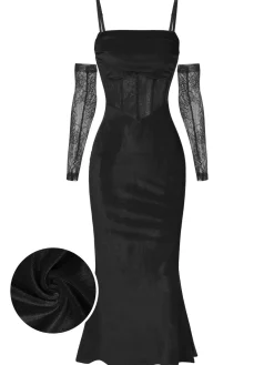 Best Retro Stage 1930s Solid Lace Patchwork Velvet Fishtail Dress