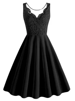 Hot Retro Stage 1950s Solid Lace Patchwork V-Neck Dress