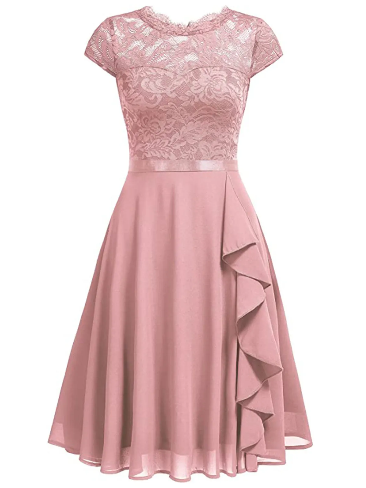 Fashion Retro Stage 1950s Solid Lace Round Neck Patchwork Dress