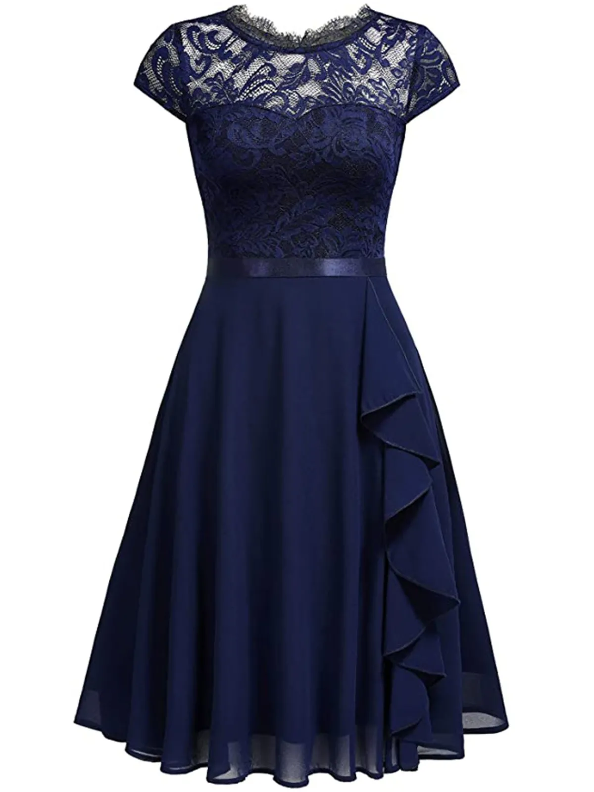 Fashion Retro Stage 1950s Solid Lace Round Neck Patchwork Dress