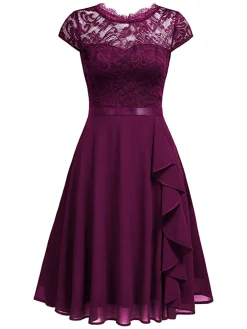Fashion Retro Stage 1950s Solid Lace Round Neck Patchwork Dress