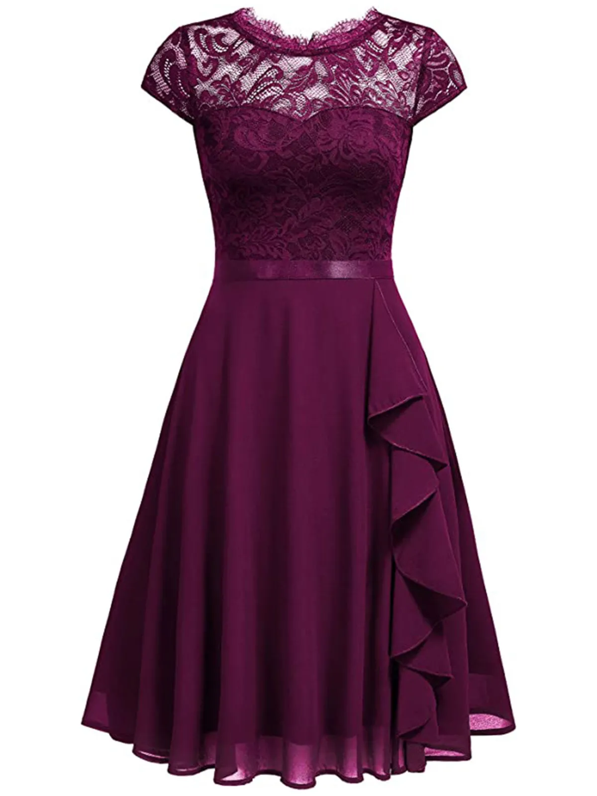 Fashion Retro Stage 1950s Solid Lace Round Neck Patchwork Dress