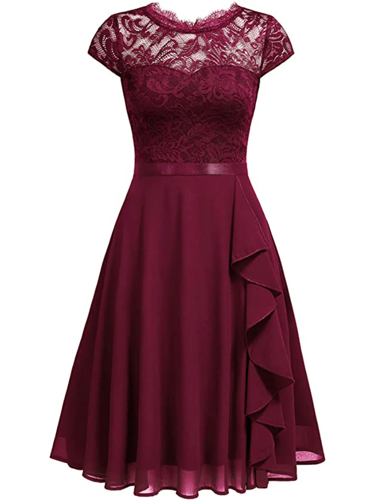 Fashion Retro Stage 1950s Solid Lace Round Neck Patchwork Dress