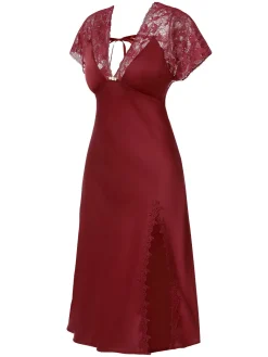 Sale Retro Stage 1960s Solid Lace Satin Patchwork V-neck Side-Slit Nightgown
