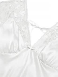 Sale Retro Stage 1960s Solid Lace Satin Patchwork V-neck Side-Slit Nightgown