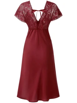 Sale Retro Stage 1960s Solid Lace Satin Patchwork V-neck Side-Slit Nightgown