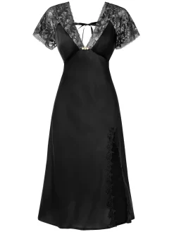 Sale Retro Stage 1960s Solid Lace Satin Patchwork V-neck Side-Slit Nightgown