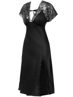 Sale Retro Stage 1960s Solid Lace Satin Patchwork V-neck Side-Slit Nightgown