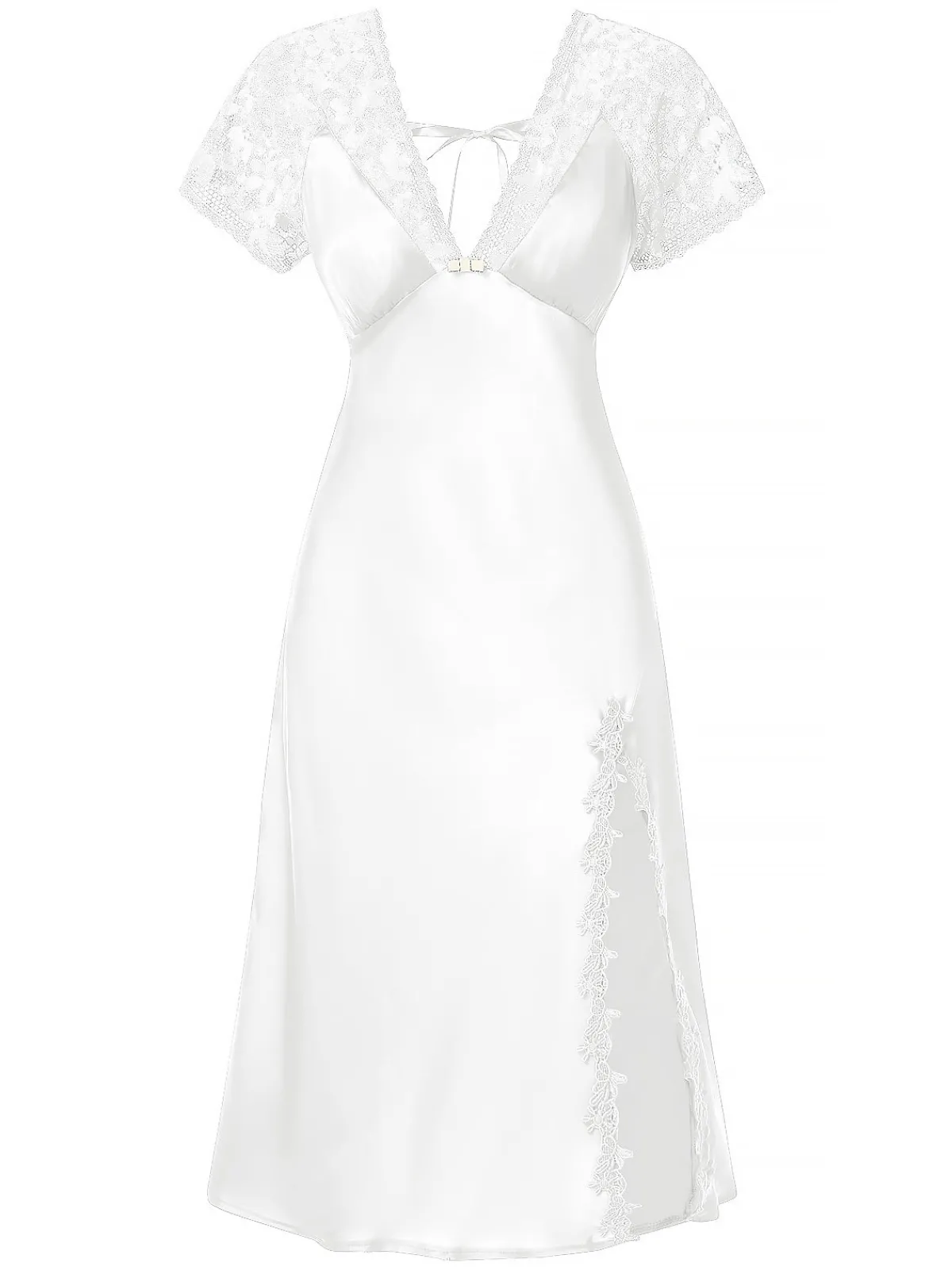 Sale Retro Stage 1960s Solid Lace Satin Patchwork V-neck Side-Slit Nightgown