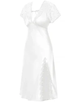Sale Retro Stage 1960s Solid Lace Satin Patchwork V-neck Side-Slit Nightgown