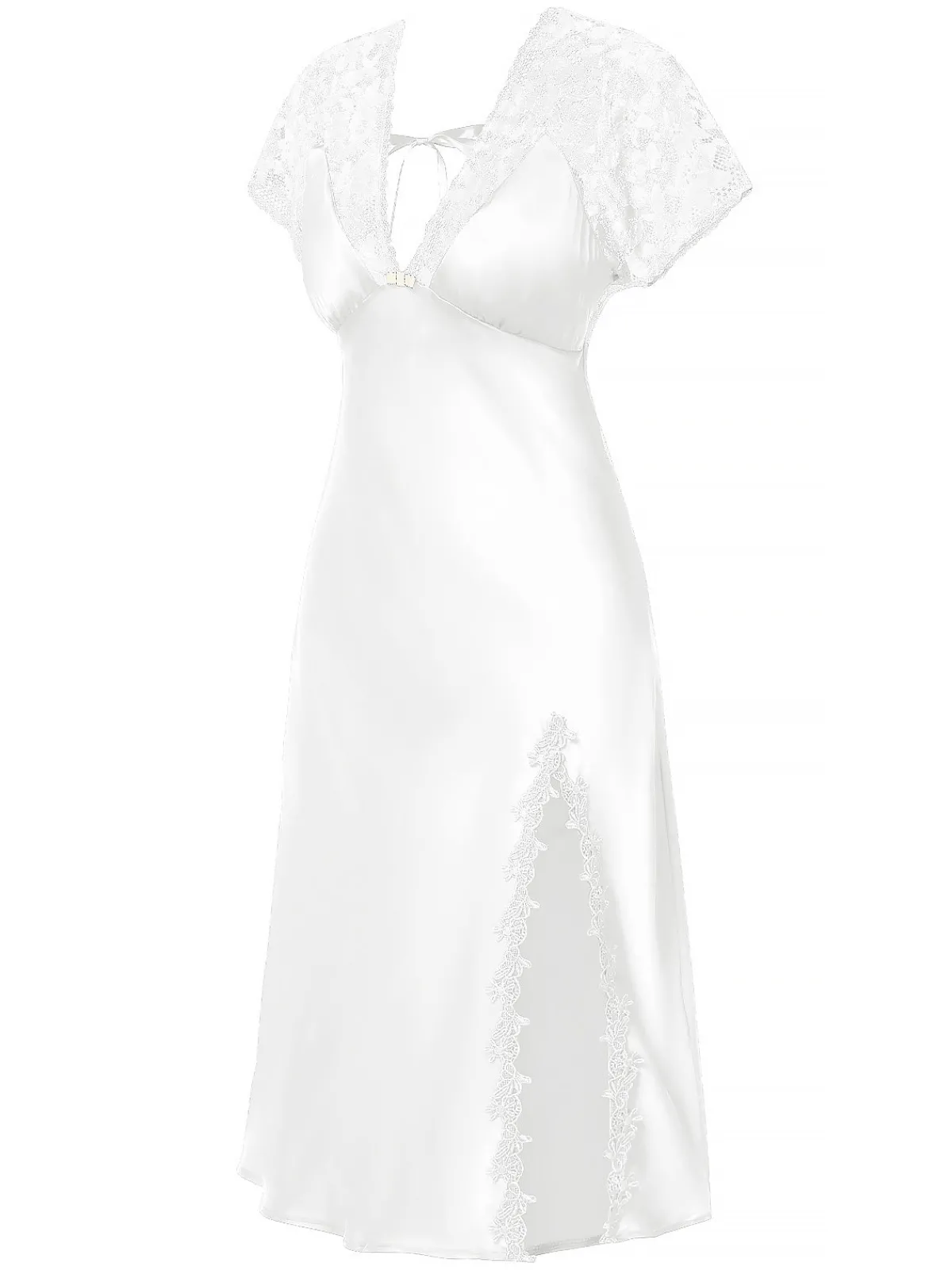 Sale Retro Stage 1960s Solid Lace Satin Patchwork V-neck Side-Slit Nightgown