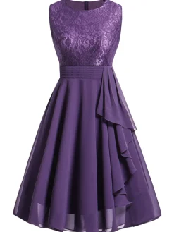 Fashion Retro Stage 1950s Solid Lace Sleeveless Swing Dress