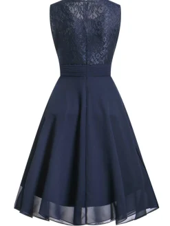 Fashion Retro Stage 1950s Solid Lace Sleeveless Swing Dress