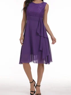 Fashion Retro Stage 1950s Solid Lace Sleeveless Swing Dress