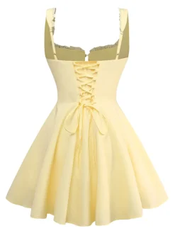 Clearance Retro Stage 1960s Solid Lace Straps Lace-Up Skater Dress