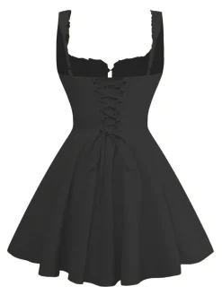 Clearance Retro Stage 1960s Solid Lace Straps Lace-Up Skater Dress