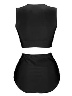 Fashion Retro Stage 1950s Solid Lace-Up Crewl Neck Swimsuit
